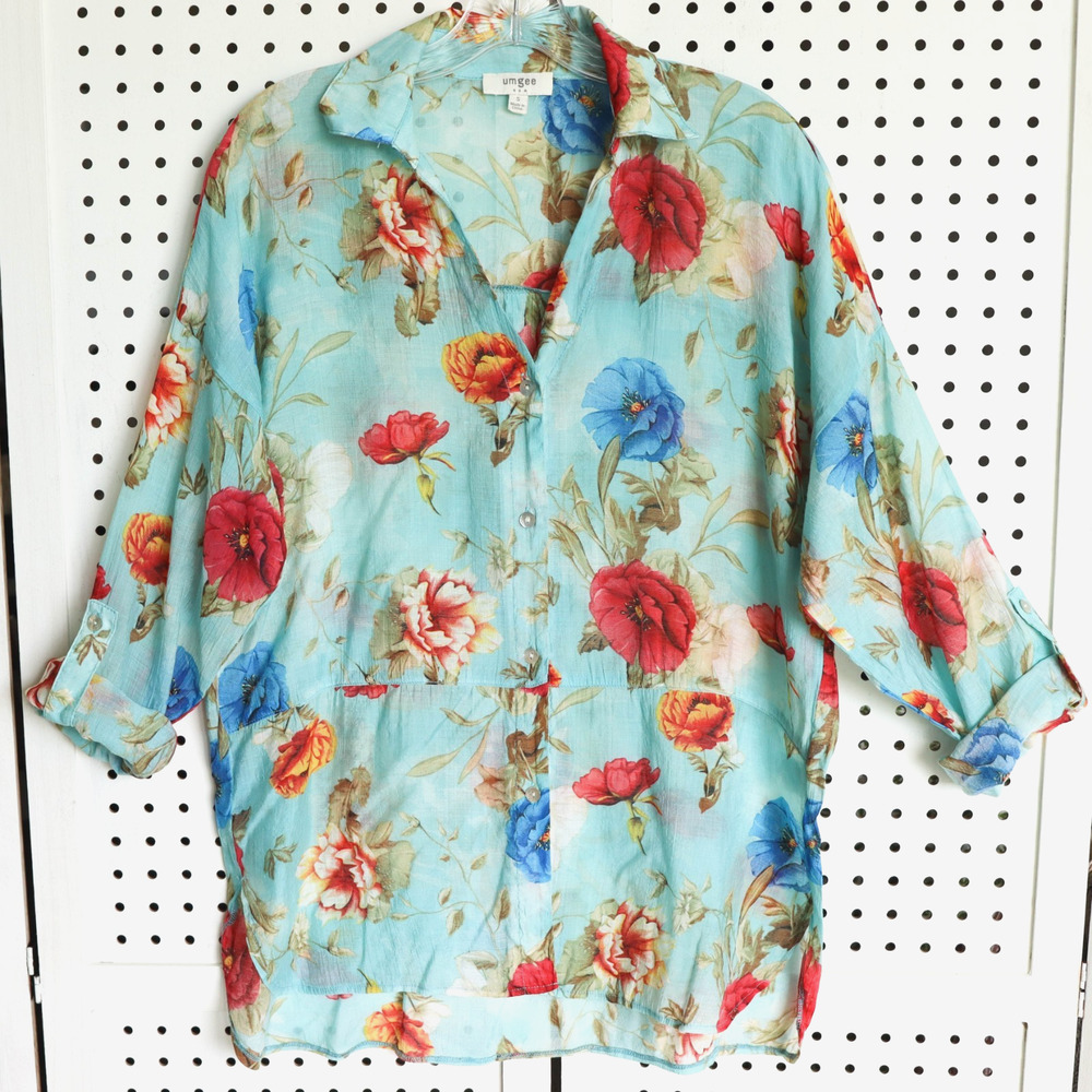 Umgee Floral Lightweight Button Up Blouse Top Beach Boho Womens SIZE S